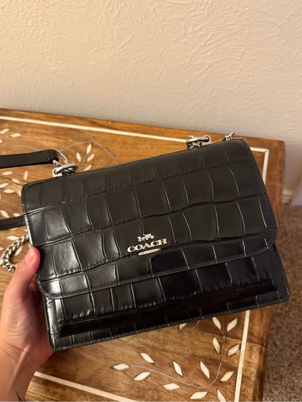 Coach Klare Black Croc-Embossed Crossbody with Silver Hardware
